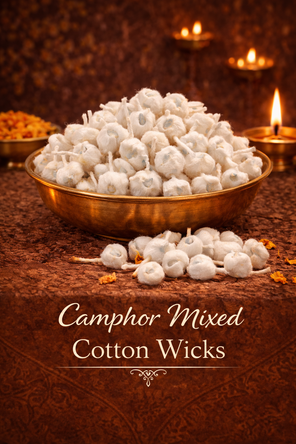 Cotton wicks mixed with camphor for diya lighting and temple aarti