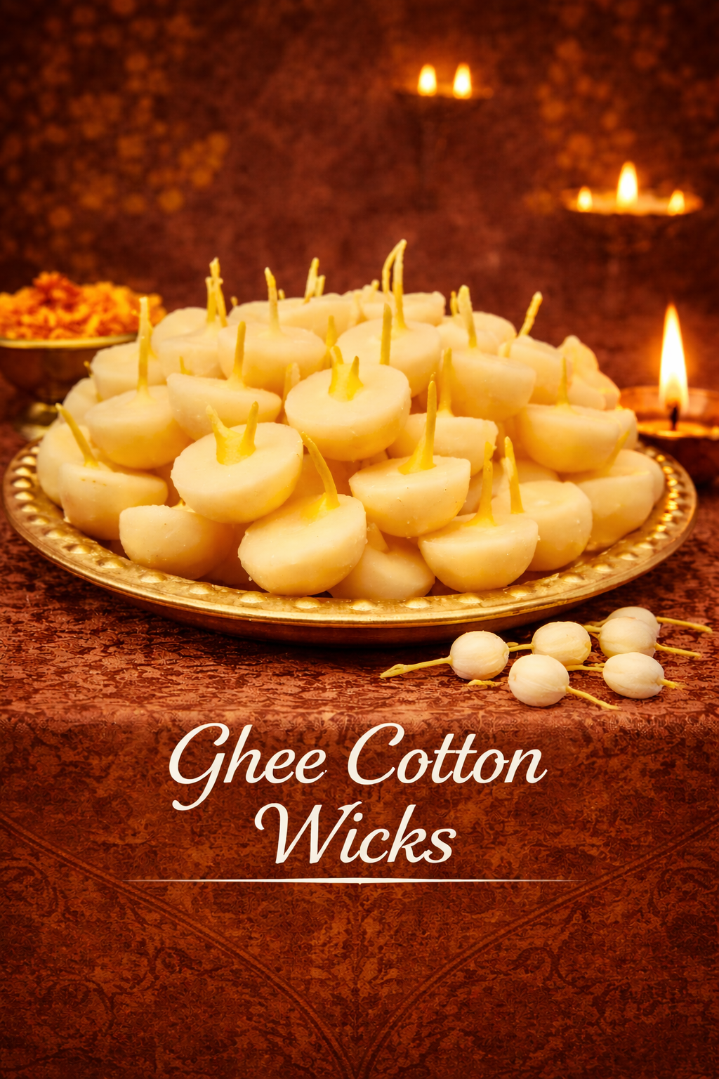 Premium ghee cotton wicks used for diya lighting and temple pooja