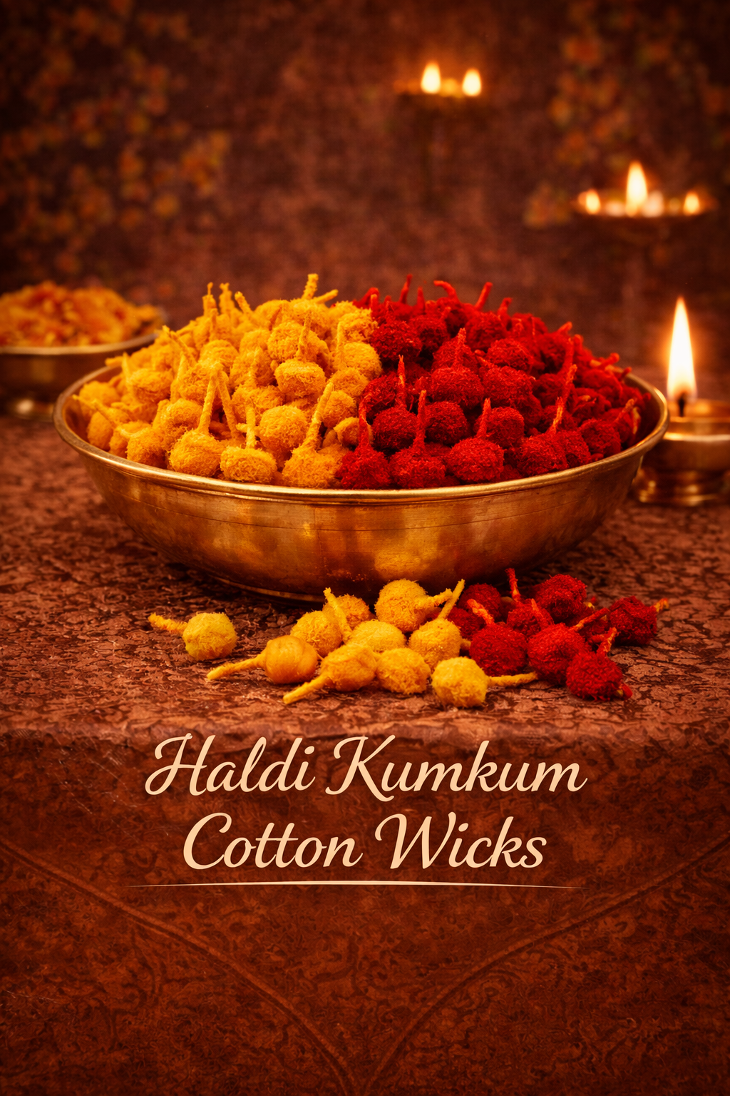 Turmeric and kumkum coated cotton wicks for diya lighting and pooja rituals