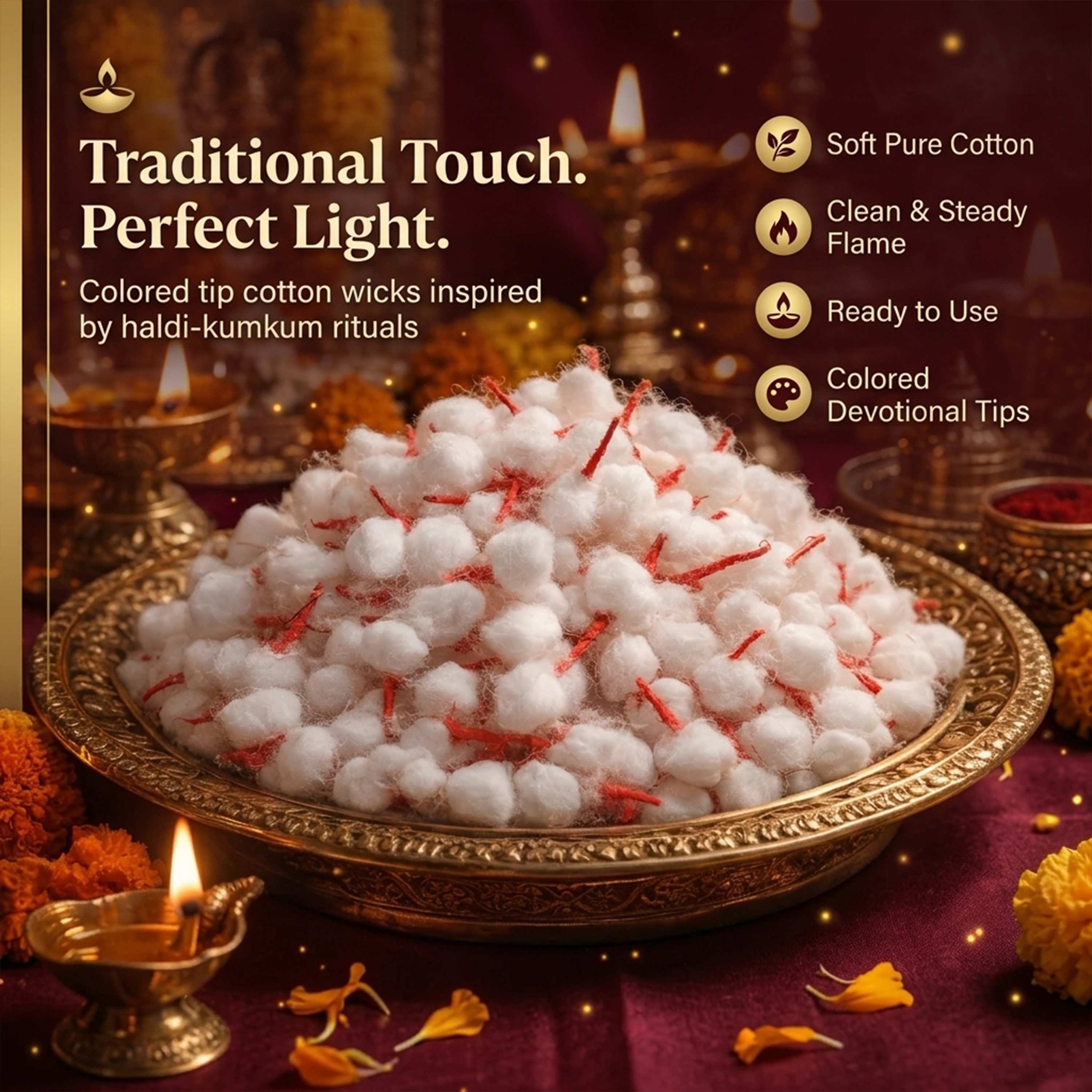 Decorative Cotton Wicks for Diya Lighting and Spiritual Ceremonies